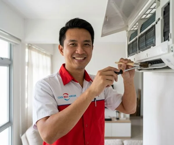 Professional Coolbest Aircon technician servicing a wall-mounted air conditioning unit in a Singapore home