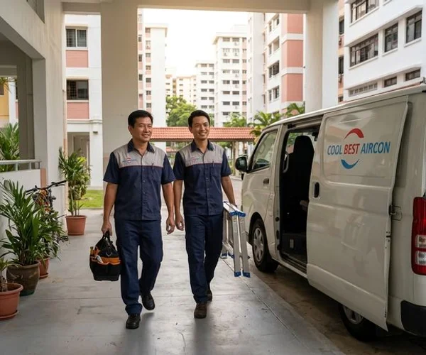 Professional aircon servicing team arriving at Singapore residential neighbourhood