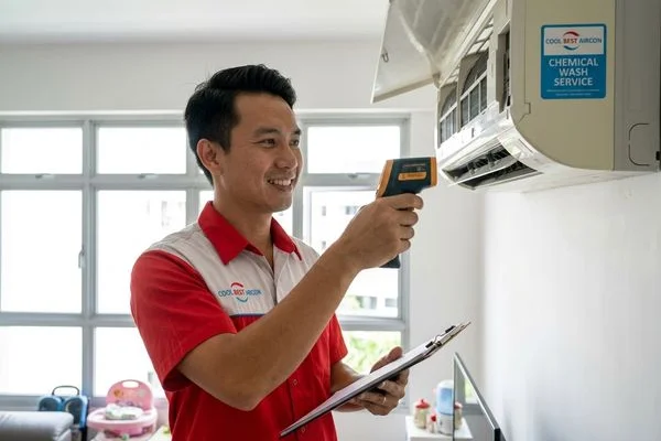 Coolbest Aircon technician testing aircon temperature output after chemical wash service