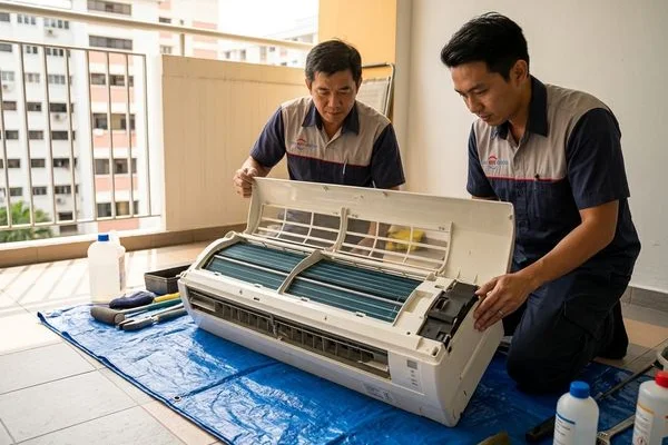 Coolbest Aircon technician dismantling aircon unit for chemical overhaul in Singapore HDB flat