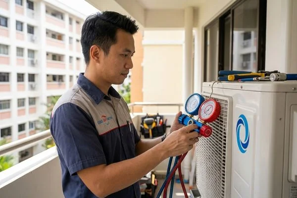 Coolbest Aircon technician using manifold gauge on outdoor compressor in Singapore