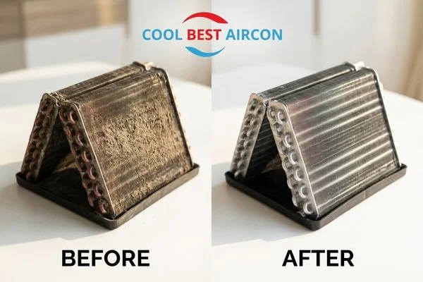 Before and after evaporator coil cleaning during aircon chemical overhaul in Singapore condo