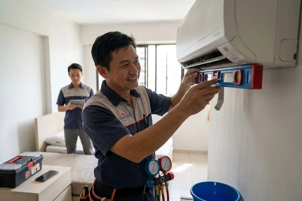 Checking aircon mounting angle to resolve drainage problem in Singapore condo