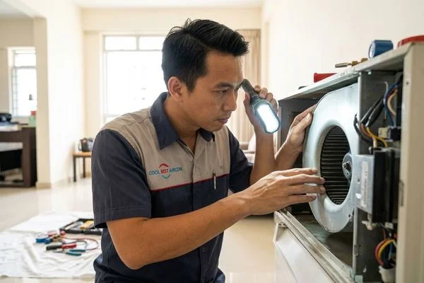 Inspecting blower fan for dirt causing imbalance and noise
