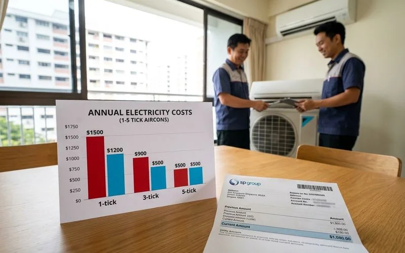 Chart comparing annual electricity costs for aircon units from one tick to five tick ratings