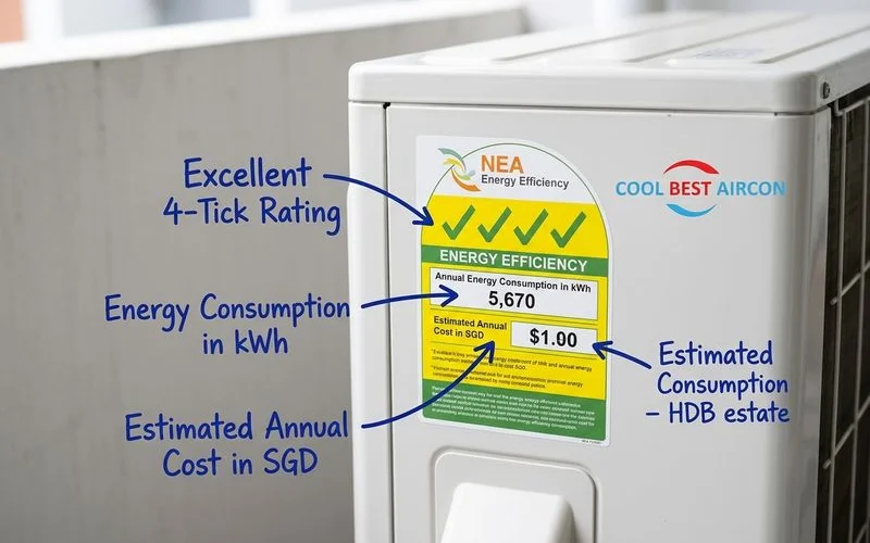 Annotated NEA energy label on aircon unit explaining each section including tick rating and annual cost