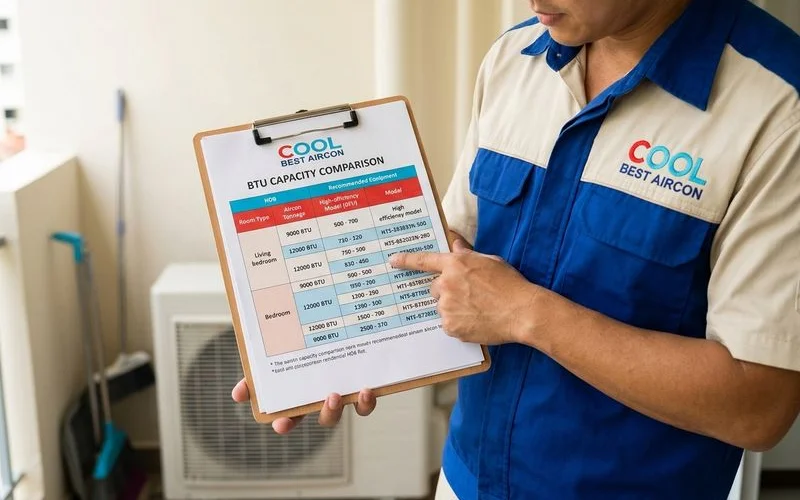 BTU requirements comparison chart showing recommended aircon capacity for different HDB room sizes