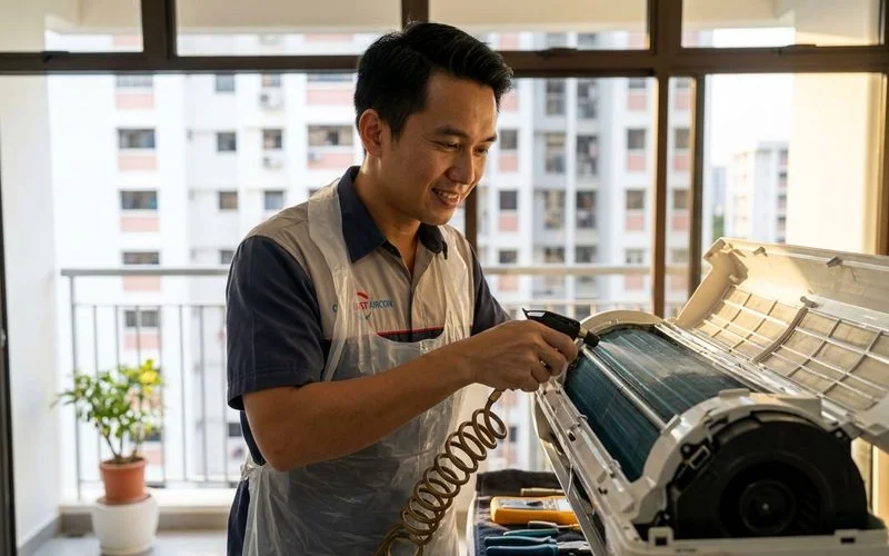 Professional technician using specialised tools to access internal aircon components for deep cleaning