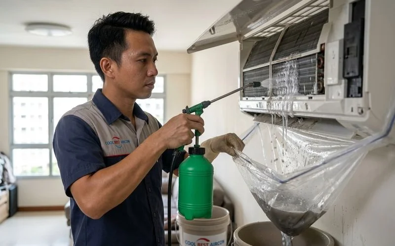 Technician applying chemical solution to aircon evaporator coils during chemical wash service