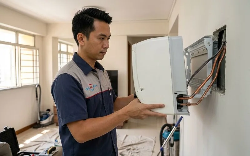 Technician carefully removing aircon indoor unit from wall bracket during chemical overhaul dismantling