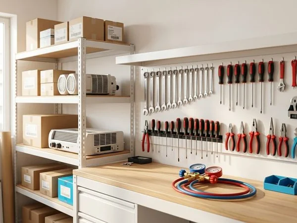 Coolbest Aircon workshop and workspace in Jurong West, well-organized with professional tools